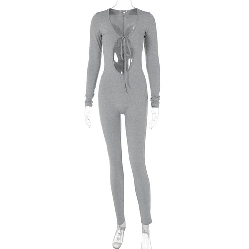 Color-Gray-Women Clothing Autumn Sexy Chest Hollow Out Cutout Slim Long Sleeve Jumpsuit-Fancey Boutique