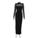 Elegant Women Clothing Half Turtleneck Mesh Slim Fit Patchwork Sexy Padded Shoulder Solid Color High Sense Maxi Dress Women-Black-Fancey Boutique