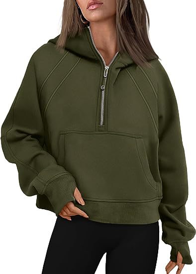 Color-Army Green-Women Clothing Half Zipper Hooded Sweatshirt Loose Short Velvet Sweater-Fancey Boutique