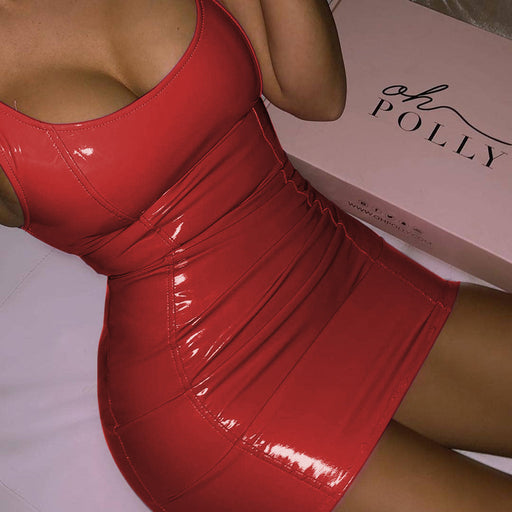 Color-Red-Metallic Coated Fabric Faux Leather Solid Color Sling Dress Women Tight Leather Sexy Sleeveless Leather Sexy Hip-Fancey Boutique