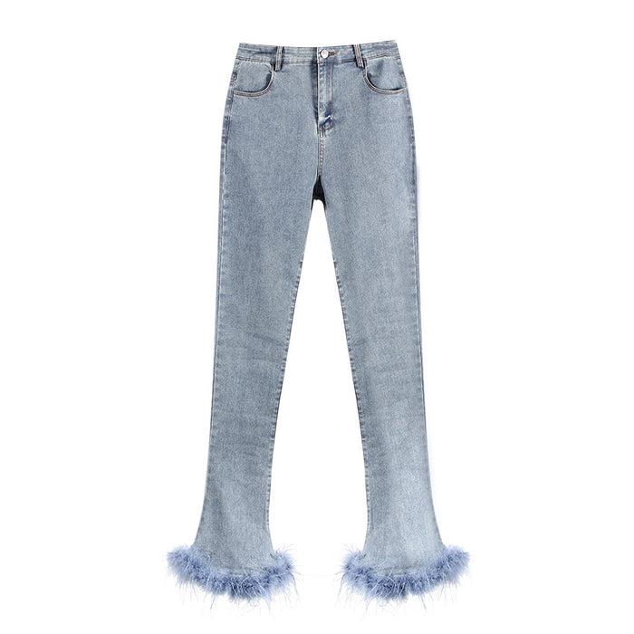 Niche Design Trousers Stretch Jeans Chic Stitching Ostrich Fur Fashionable Bell Bottom Pants Trendy-Light Blue-Fancey Boutique