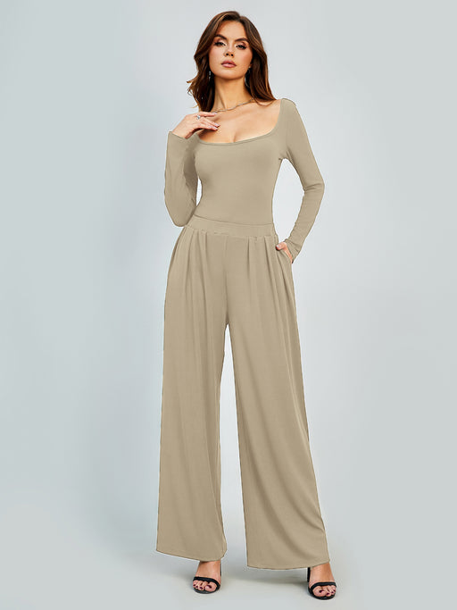 Color-Apricot-Winter Solid Color Casual Straight Leg Pants Women Drape Wide Leg High Waist Slimming Office-Fancey Boutique