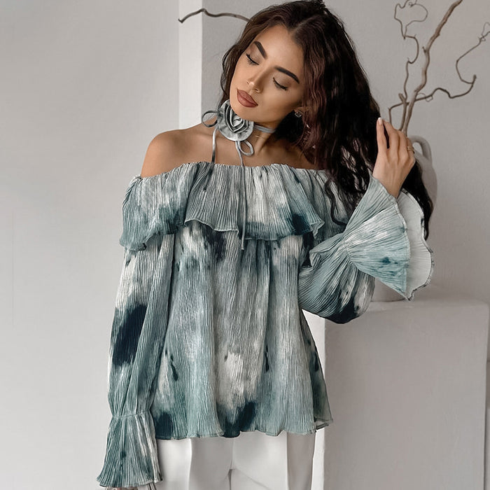 French Design Tie Dyed off Neck Bell Sleeve Shirt Autumn Arrival Top for Women