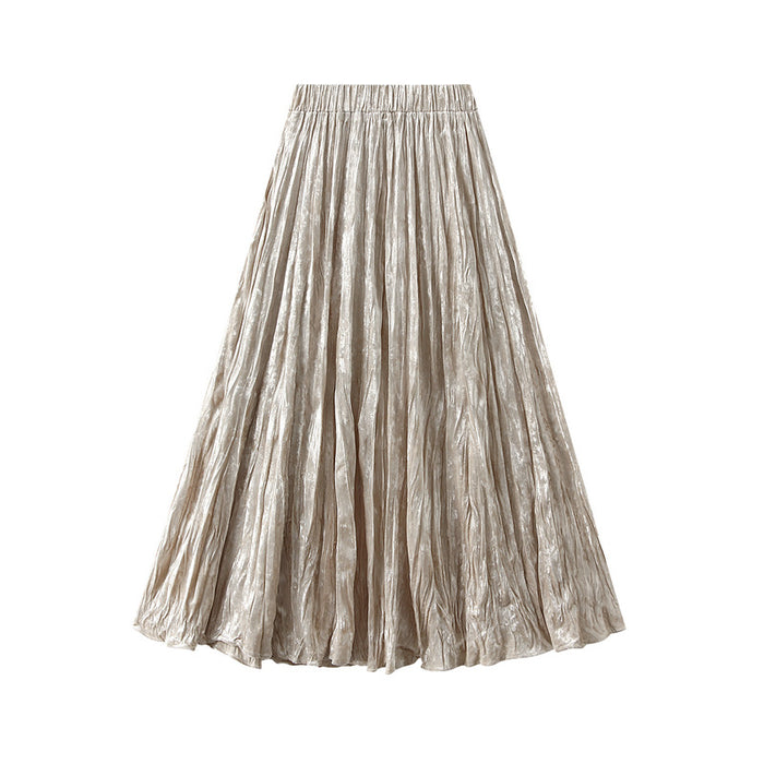 Color-Apricot-Pleated Velvet Skirt Women Autumn Winter High Waist A Line Skirt Mid Long Slim Pleated Skirt-Fancey Boutique