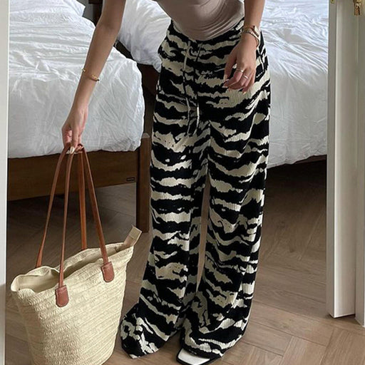 Street Casual Zebra Pattern Contrast Color Loose Knitted Trousers Niche Design Animal Pattern Drawstring Straight Leg Pants-Fancey Boutique