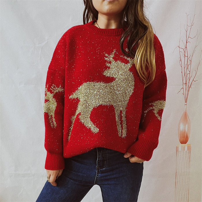 Color-Red-Autumn Winter Loose Gold Line Jacquard Deer Pattern Round Neck Long Sleeve Christmas Sweaters Pullover-Fancey Boutique