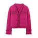 Women Clothing French Frayed Neckline Pocket Decoration Tassel Classic Cardigan Coat-Purple rose red-Fancey Boutique