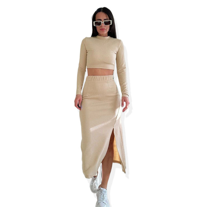 Spring Autumn Solid Color Round Neck Long Sleeve Women Two Piece Suit Split Skirt Set-Apricot-Fancey Boutique