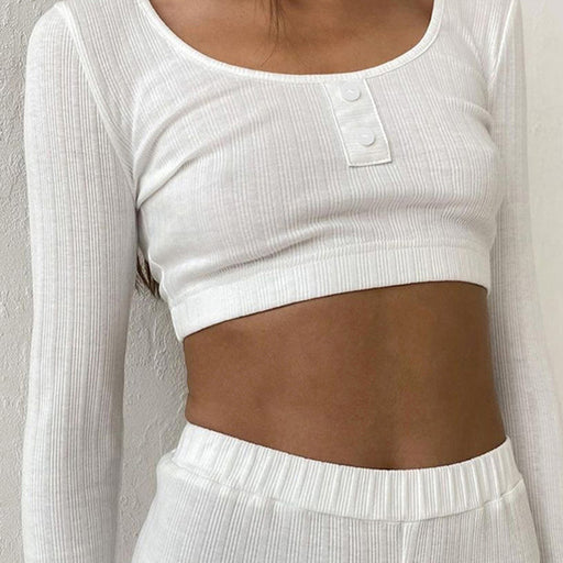 Women Clothing Autumn Casual White Knitted Fabric Suit Long Sleeves Cropped Top Shorts Two Piece Set-Fancey Boutique