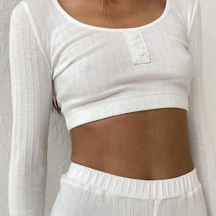 Women Clothing Autumn Casual White Knitted Fabric Suit Long Sleeves Cropped Top Shorts Two Piece Set-Fancey Boutique