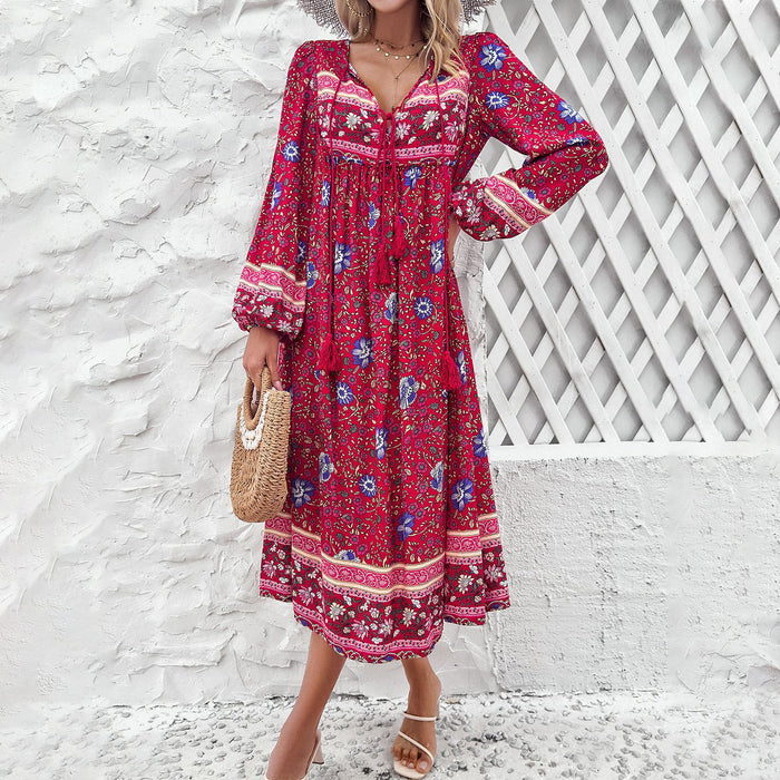 Color-Red-Women Clothing Spring Summer Casual Holiday Floral Print Long Sleeve Dress-Fancey Boutique