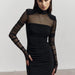 Elegant Women Clothing Half Turtleneck Mesh Slim Fit Patchwork Sexy Padded Shoulder Solid Color High Sense Maxi Dress Women-Fancey Boutique