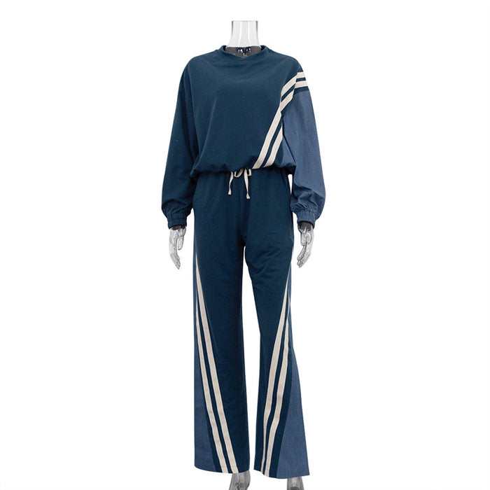 Autumn Winter Sports Contrast Color Striped Sweater Sets Pullover Top Drawstring Trousers Two Piece Set-Blue-Fancey Boutique