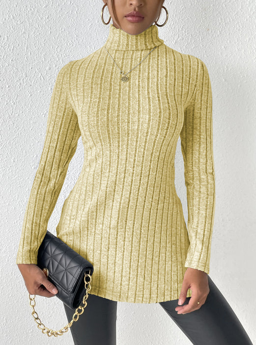 Color-Yellow-Women Turtleneck Pullover Women Clothing Autumn Winter Slit Slim Fitting Bottoming Shirt Pit Striped Mid Length-Fancey Boutique