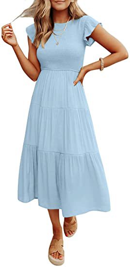 Color-Light Blue-Women Clothing Popular Pinfei Flounced Sleeve Pleating Layered Short Sleeve Large Swing Dress-Fancey Boutique