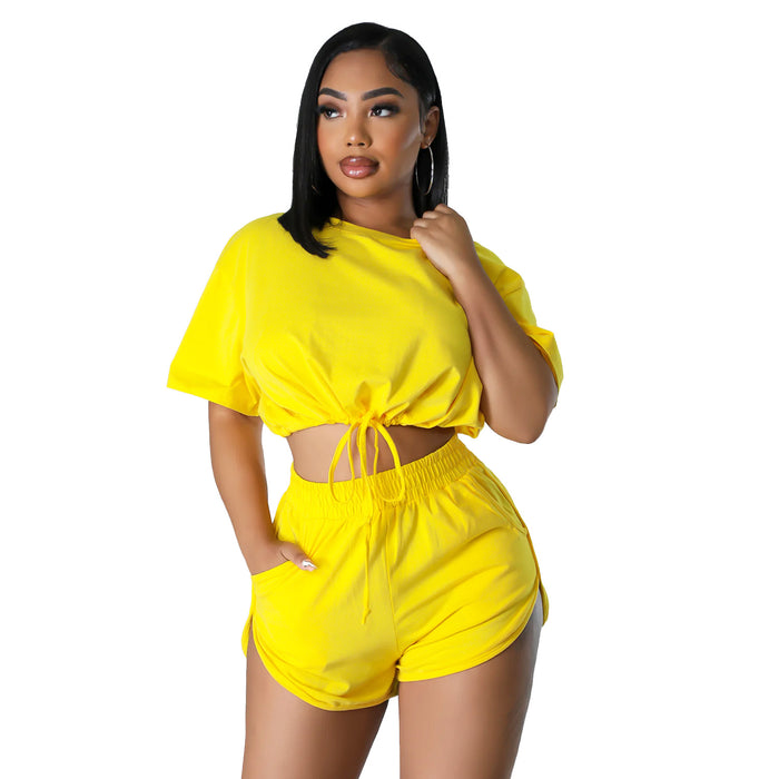 Color-Yellow-Autumn Winter Women Clothing Casual Short Lace Up Shorts Solid Color Two Piece Suit-Fancey Boutique