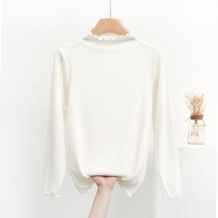 Color-White-Women Half Turtleneck Slimming Stretch Sweater Spring Autumn Western Slim Fit Long Sleeve Bottoming Sweater Wooden Ear-Fancey Boutique