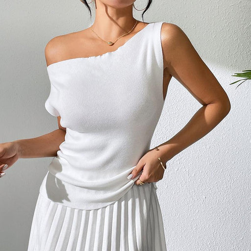 Color-White Knitted Fabric Top-All Matching Solid Color Sleeveless Knitted Vest Sexy Slim Knitted T shirt Design off Shoulder Top-Fancey Boutique