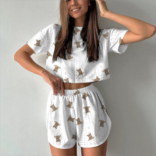Spring Summer Sports Casual Women Printed Hollow Out Cutout out Split Cropped Short Two Piece Set-Bear-Fancey Boutique