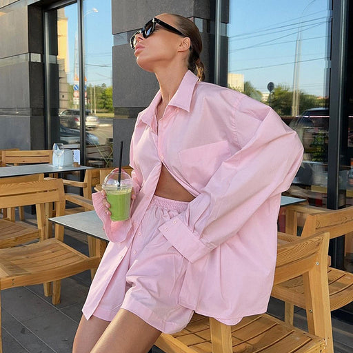 Autumn Blue Cardigan Long Sleeve Shirt Shorts Ladies Homewear Casual Comfortable Pajamas Two Piece Set-Pink-Fancey Boutique