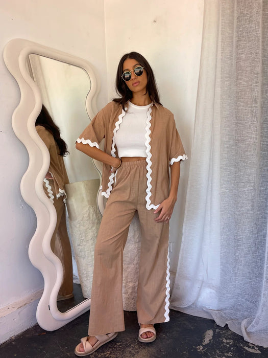 Spring Summer Comfortable Casual Single Breasted Lace Stitching Trousers Shacket-camel-Fancey Boutique