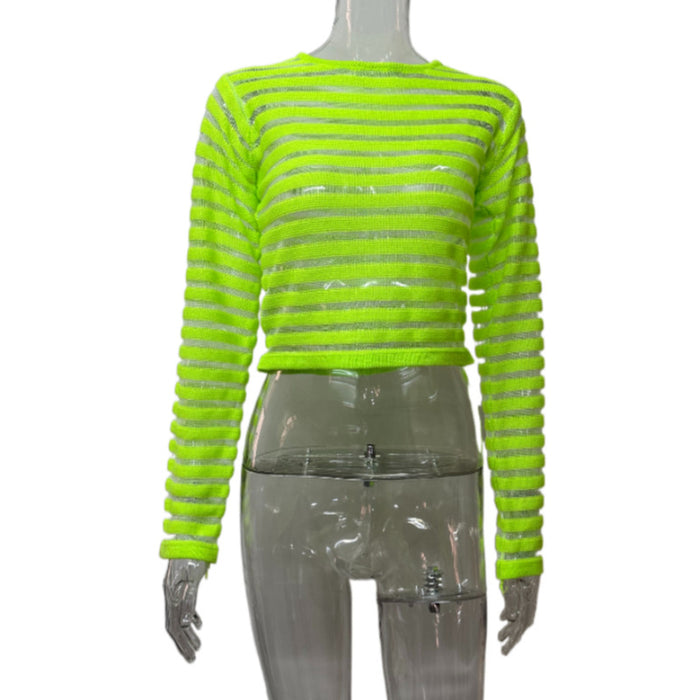 Color-Green-Spring Sexy See through Sexy round Neck Sexy Knitted Long Sleeves Cropped Short Top for Women-Fancey Boutique