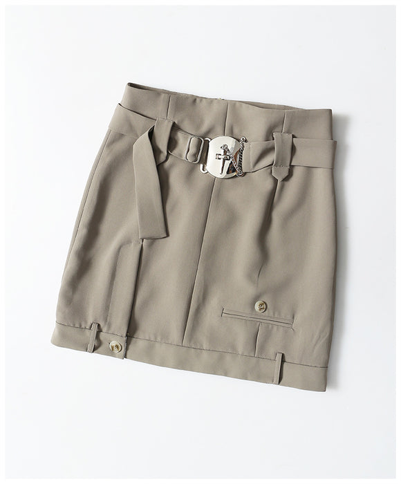 Color-Khaki Skirt-Autumn Handsome Short Metal Fastener Coat Skirt Two Piece Market Suit Women-Fancey Boutique
