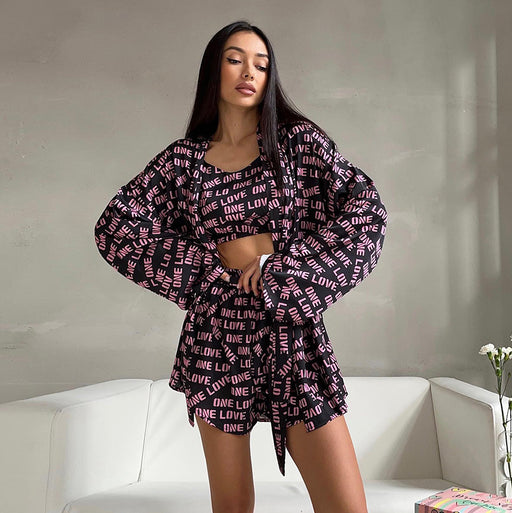 Color-Purple-Summer Printed Sling Pajamas Casual Three Piece Set Comfortable Ladies Homewear-Fancey Boutique