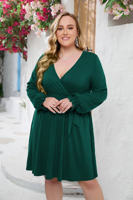 Color-Green-Plus Size Solid Color V Neck Dress-Fancey Boutique