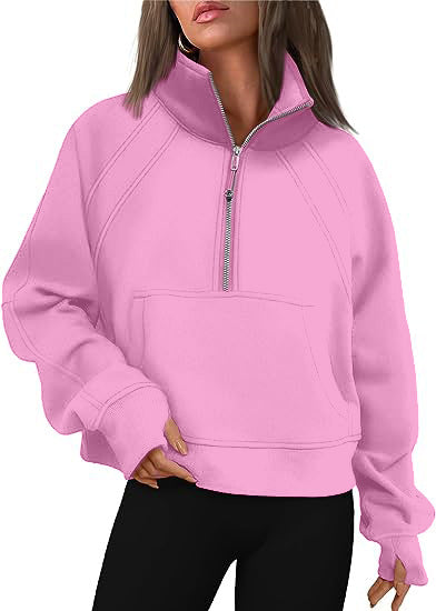Color-Pink-Women Clothing Half Zipper Short Stand Collar Thumb Hole Brushed Hoody-Fancey Boutique