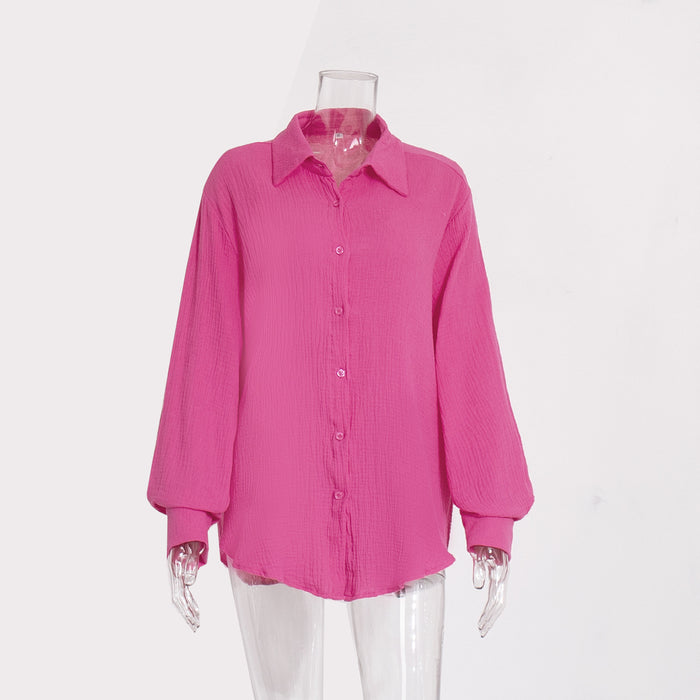 Pure Cotton Crepe Shirt Comfort Loose Elegant Polo Shirt in Spring-Coral Red-Fancey Boutique