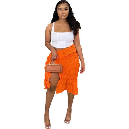 Color-Orange-Women Clothing Sexy Solid Color Fold Split Skirt-Fancey Boutique