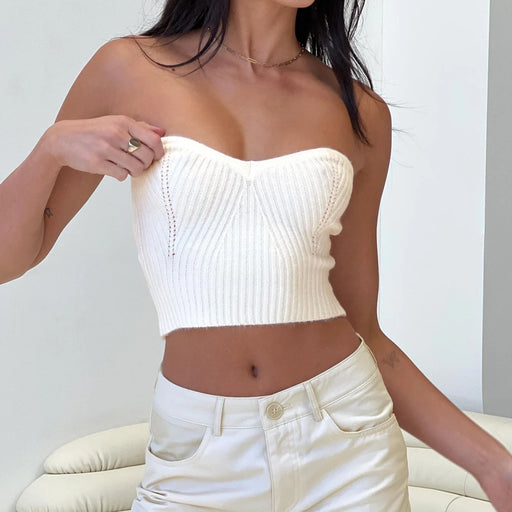 Color-White-Sexy Sexy Tight Strapless Knitted Hollow Out Cutout Vest Women Outer Wear Woolen Top-Fancey Boutique