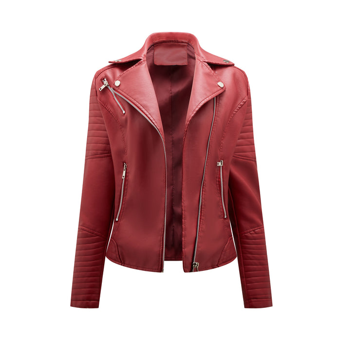 Color-Burgundy-Short Spring Autumn Leather Women European Size Slim Collared Motorcycle Clothing Oblique Zipper Jacket Women Coat-Fancey Boutique