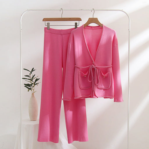 Color-Pink-Two Piece Dress Knitted Sweater Solid Color Casual Coat Woven Belt H Type-Fancey Boutique