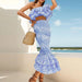 Seaside Vacation Casual Set Women Autumn Ruffled Irregular Asymmetric Shirt High Waist Fishtail Two Piece Set-Blue-Fancey Boutique