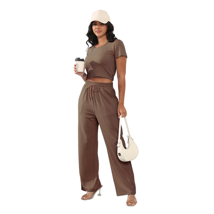 Summer Round Neck Short Sleeved Women Clothing Two Piece Suit Casual Wide Leg Pants Suit Cotton-Camel-Fancey Boutique