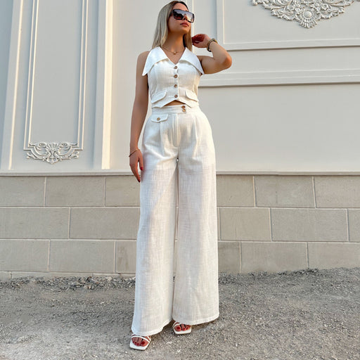 Color-White-Suit Women Summer Sleeveless Short Vest Top with Loose Solid Color Trousers Suit-Fancey Boutique