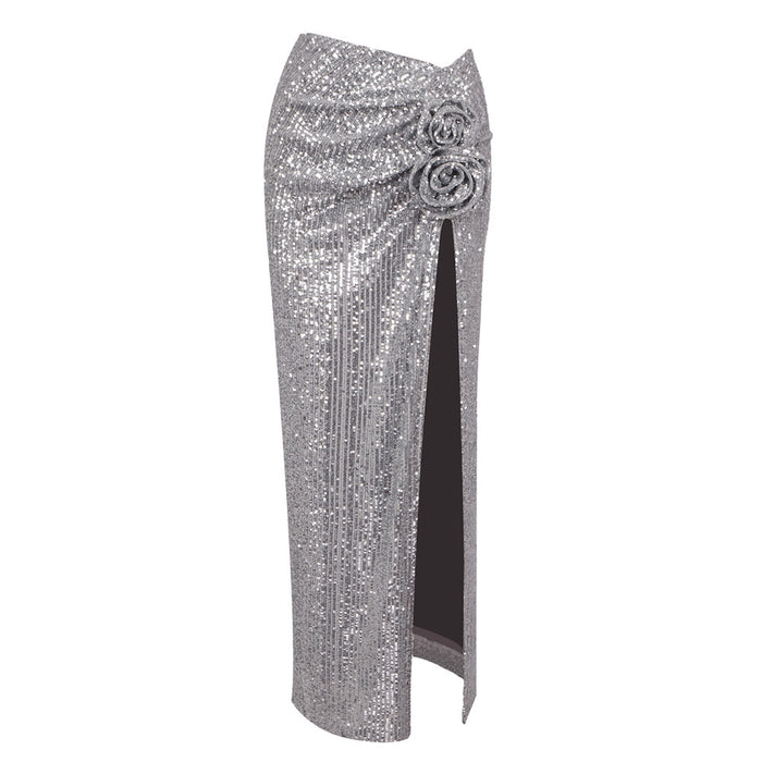 Fall Silver Sexy Dress Shiny Maxi Dress Sequined Skirt-Silver-Fancey Boutique