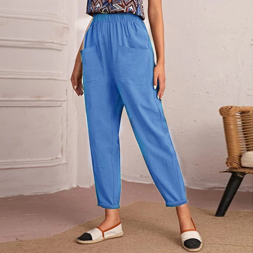 Color-Skyblue-Four Seasons Cotton Linen Cropped Pants Elastic Waist Casual Pants Diagonal Pocket Skinny Pants Women-Fancey Boutique