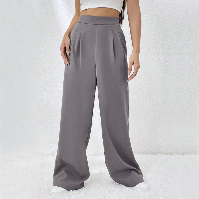 Color-Gray-Women Clothing Autumn Winter Elastic Waist with Pocket Straight Wide Leg Pants Loose Casual Trousers-Fancey Boutique