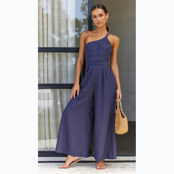 Color-Blue-Spring Summer Solid Color Loose Wide-Leg Cotton Linen Jumpsuit-Fancey Boutique