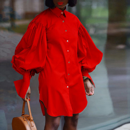 Color-Red-Women Clothing Office Solid Color Shirt Dress Shirt-Fancey Boutique