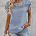 Color-Light Blue-Women Clothing Summer Casual Solid Color Stitching Lace Hollow Out Cutout Out Short Sleeve Top Women-Fancey Boutique