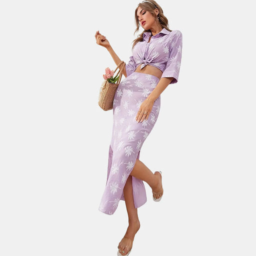 Color-Purple-Summer Vacation Shirt Dress Printed Half Sleeve Women Summer Skirt Set-Fancey Boutique