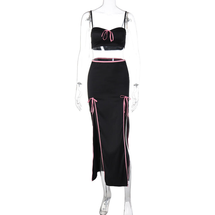 Color-Black-Sexy Camisole Skirt Two Piece Set Summer Women Clothing Contrast Color Split Skirt Set-Fancey Boutique