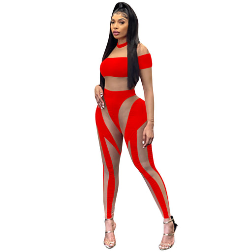 Color-Red-Sexy Nightclub Skinny Mesh Sheer Long Sleeve Trousers Jumpsuit Women Clothing-Fancey Boutique