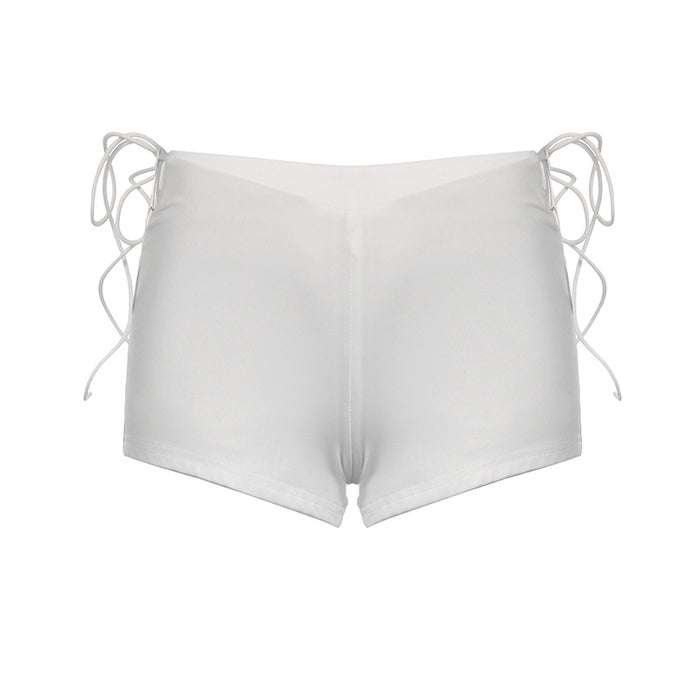 Color-White-Niche Pure Sexy Hollow Out Cutout Out Tied Low Waist Sexy Sports Casual Stretch Mini Shorts-Fancey Boutique