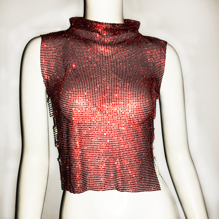 Color-Red-Women's Clothing Full Diamond Vest Luxury Turtleneck Rhinestone Top Sexy Nightclub Sexy Vest-Fancey Boutique