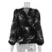 Women Clothing Spring/Summer Sexy Sheer Top Lantern Sleeve V-neck Draping Effect Chiffon Shirt-Black-Fancey Boutique